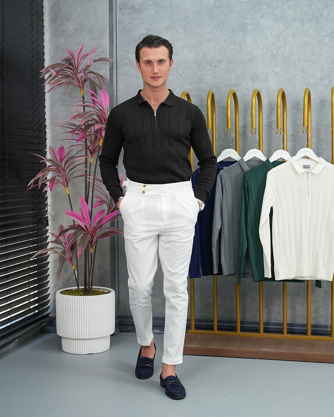 Pamuk Likra Slim Fit Geniş Dikey Desenli Fermuar Detaylı Kazak