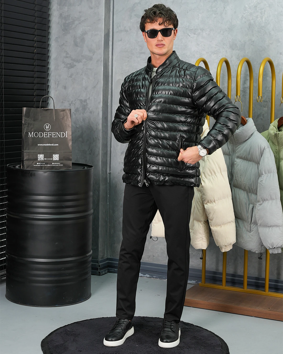 Şişme Deri Slimfit Kesim Deri Mont - Siyah