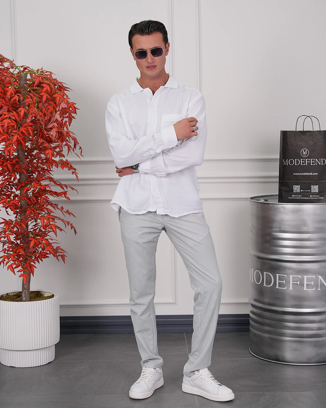 Tek Cep Detaylı Pamuk Dokulu Oversize Keten Gömlek