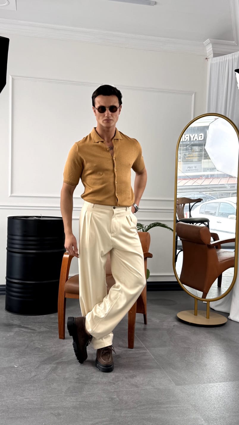 Slim Fit Polo Yaka Triko Pamuk Kısa Kollu Gömlek - Taba