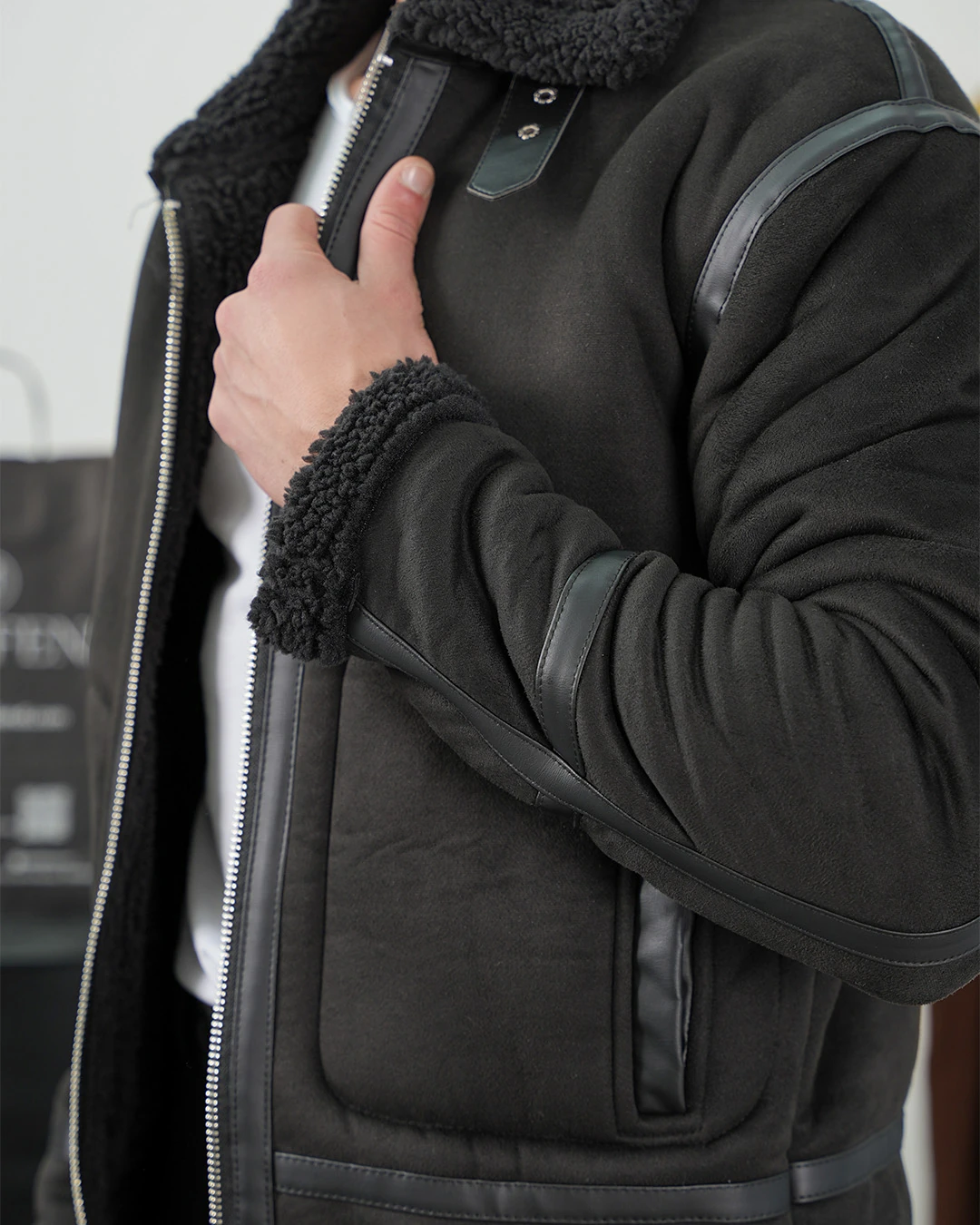 Full Kürk Detaylı Şerit Çizgili Nubuk Mont