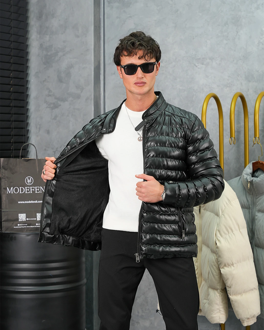 Şişme Deri Slimfit Kesim Deri Mont - Siyah