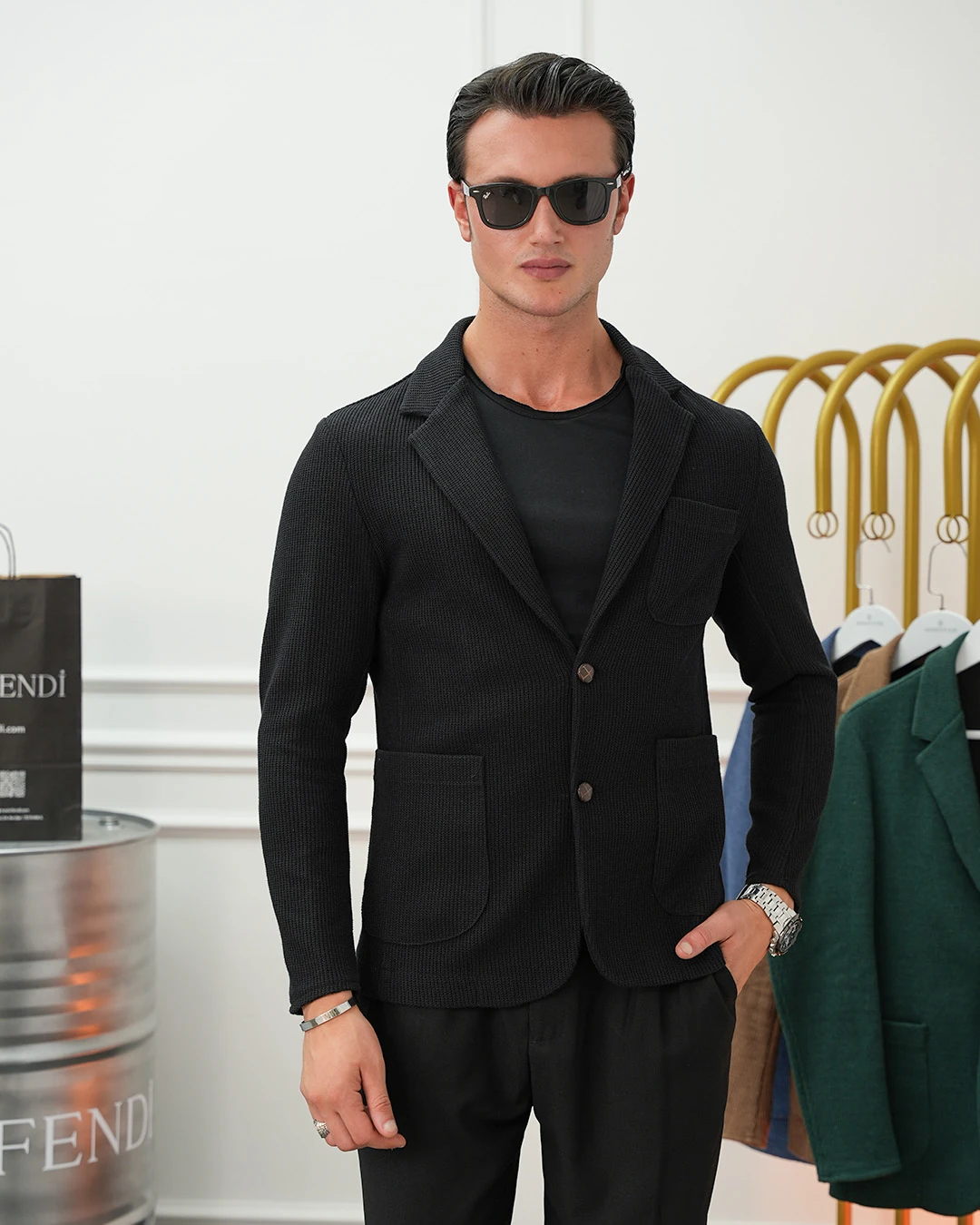 Petek Örme Torba Cep Ceket - Siyah