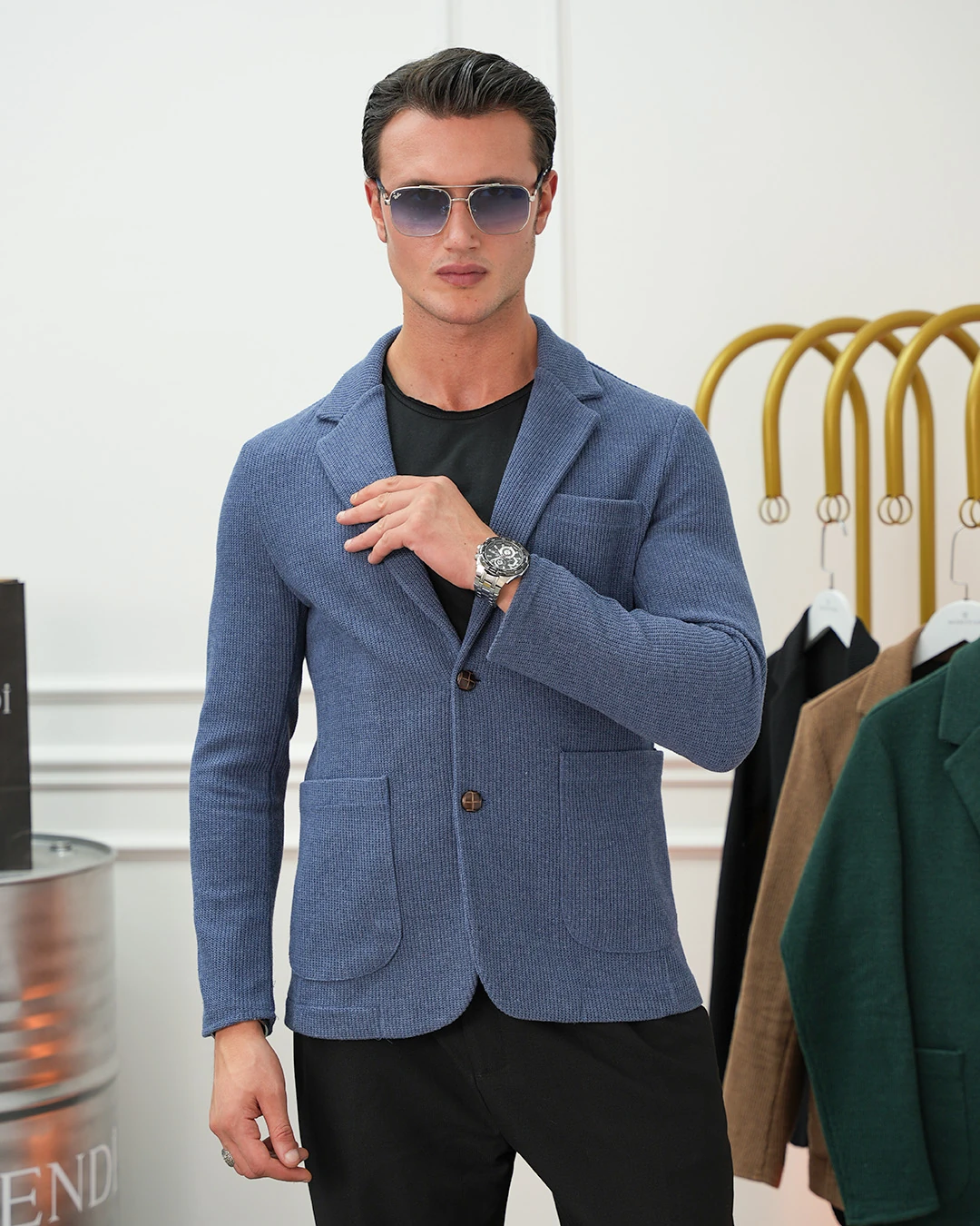 Petek Örme Torba Cep Ceket - indigo