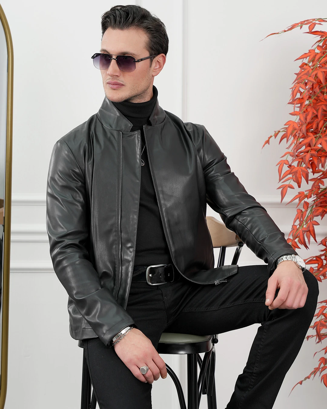 İthal Deri Hakim Yaka Yan Fermuar Yüksek Kalite Deri Mont - Siyah