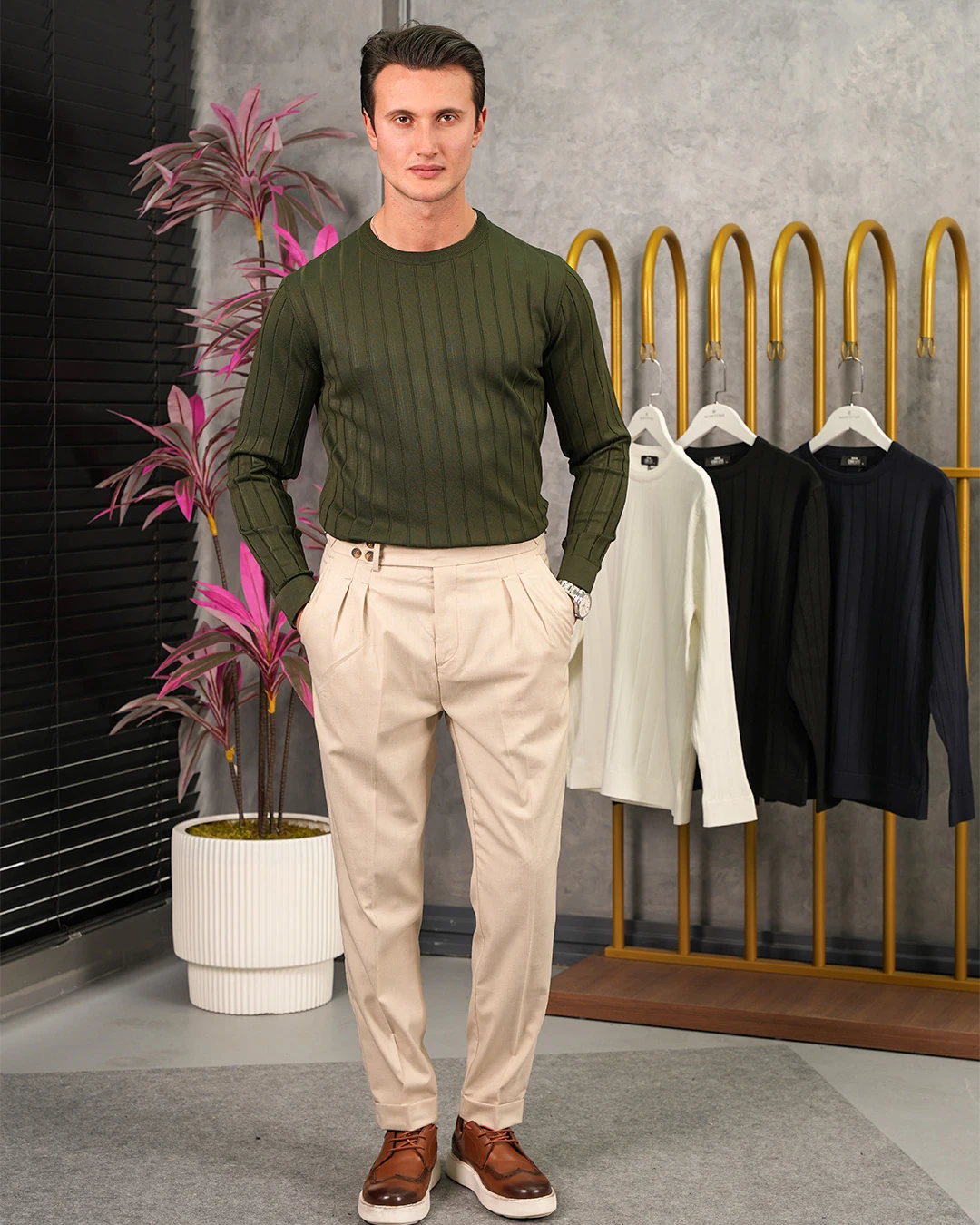 Pamuk Likra Kalın Fitil Bisiklet Yaka Slim Fit Triko Kazak