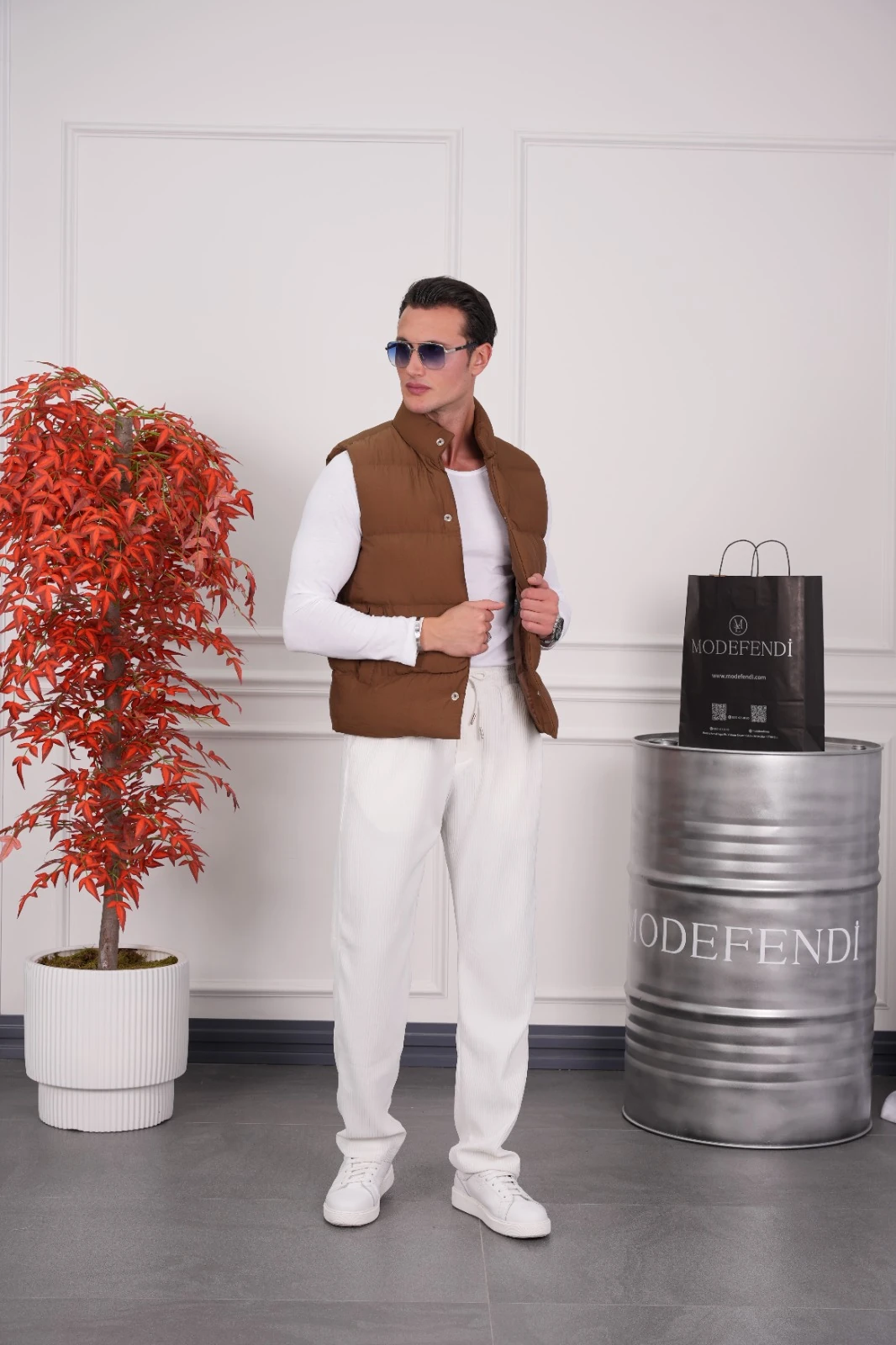 Boncuk Elyaf Şişme Yelek - Kahverengi