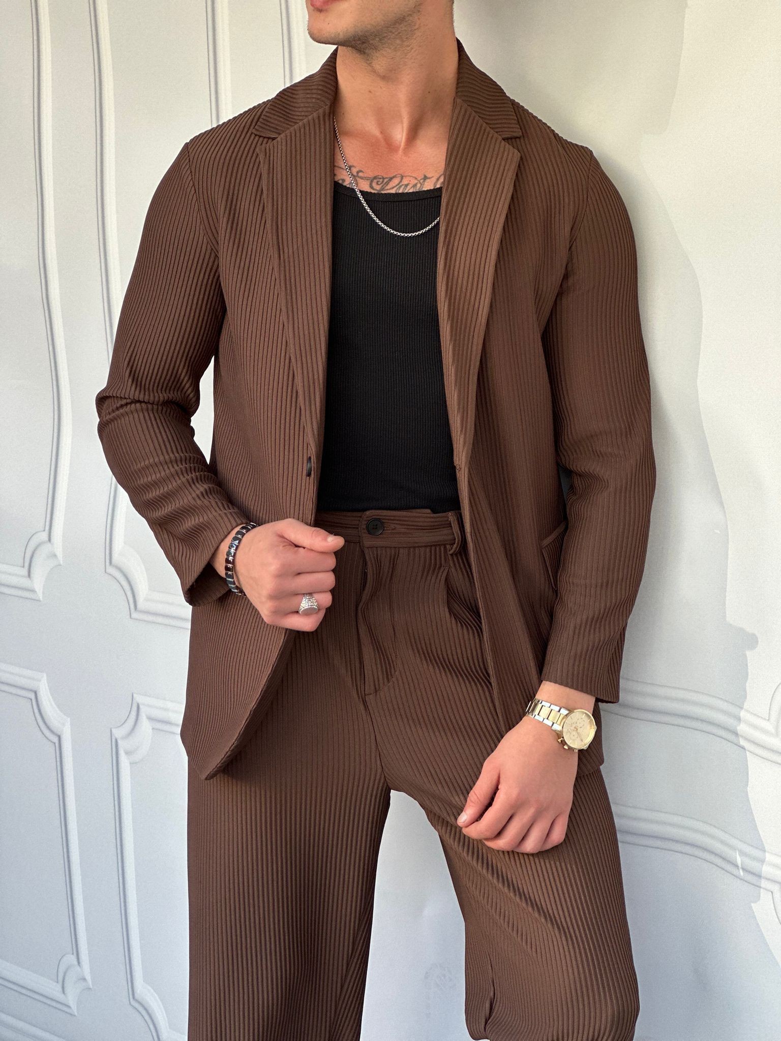 Fitil Desenli Ceket Pantolon Takım Elbise  - Kahverengi