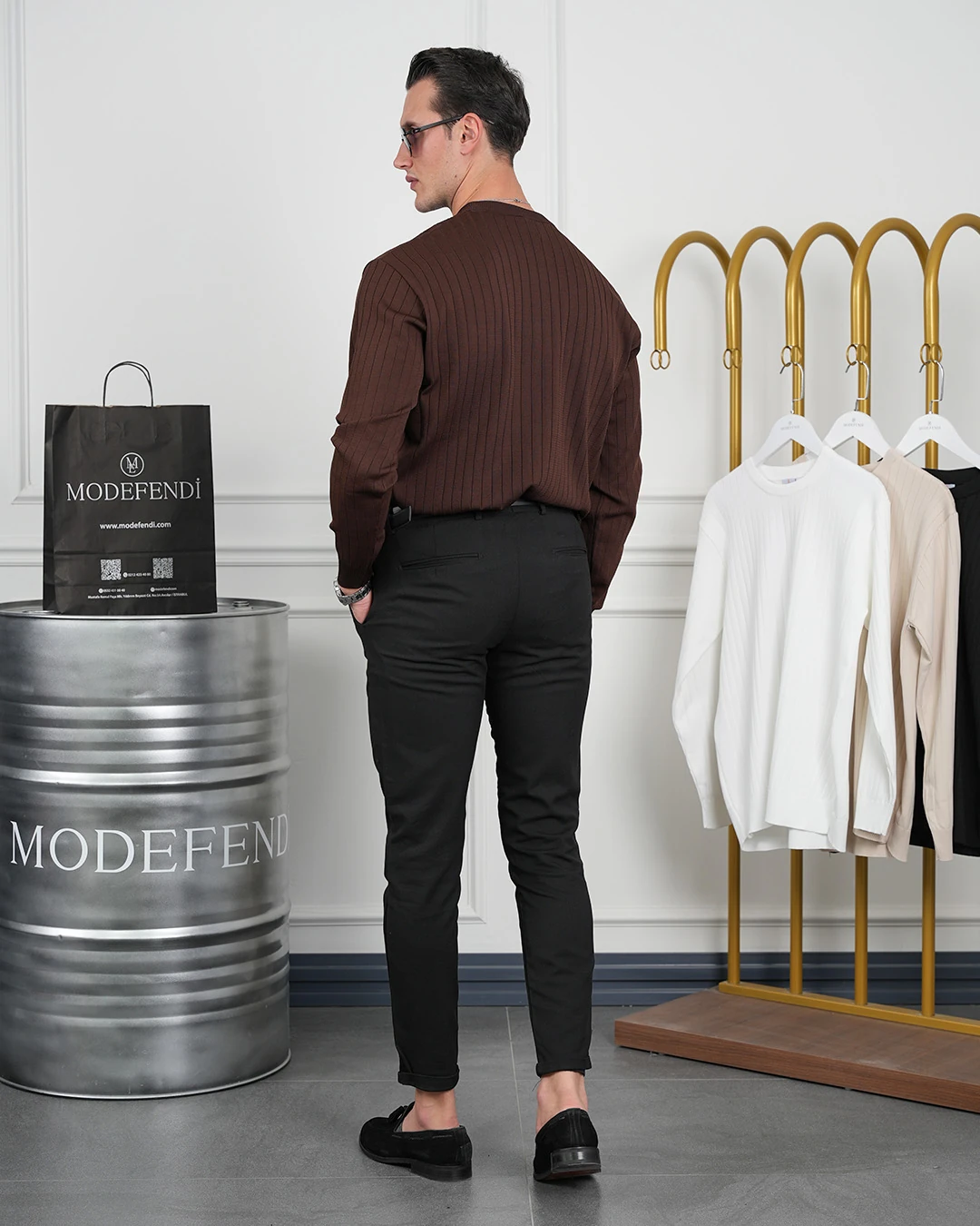 Pamuk Likra Slim Fit Bisiklet Yaka Dikey Çizgi Triko Kazak