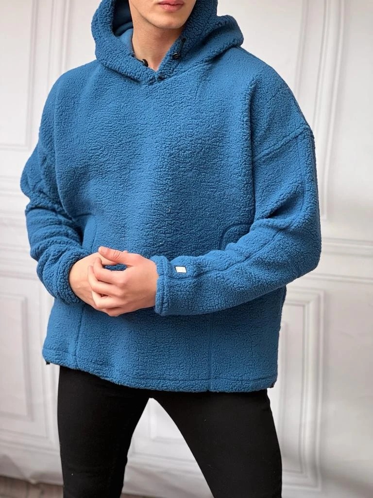 Relaxed (Rahat) Kalıp Kapüşonlu Yüksek Kalite Peluş Sweat - Saks Mavisi