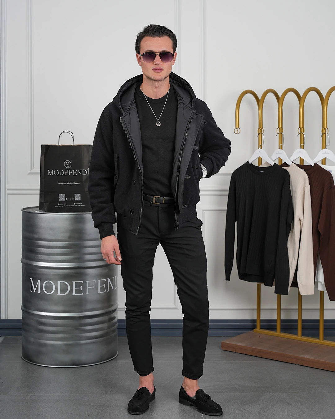 Çift Taraflı Kaşe Uzun Ribana Kapüşonlu Mont