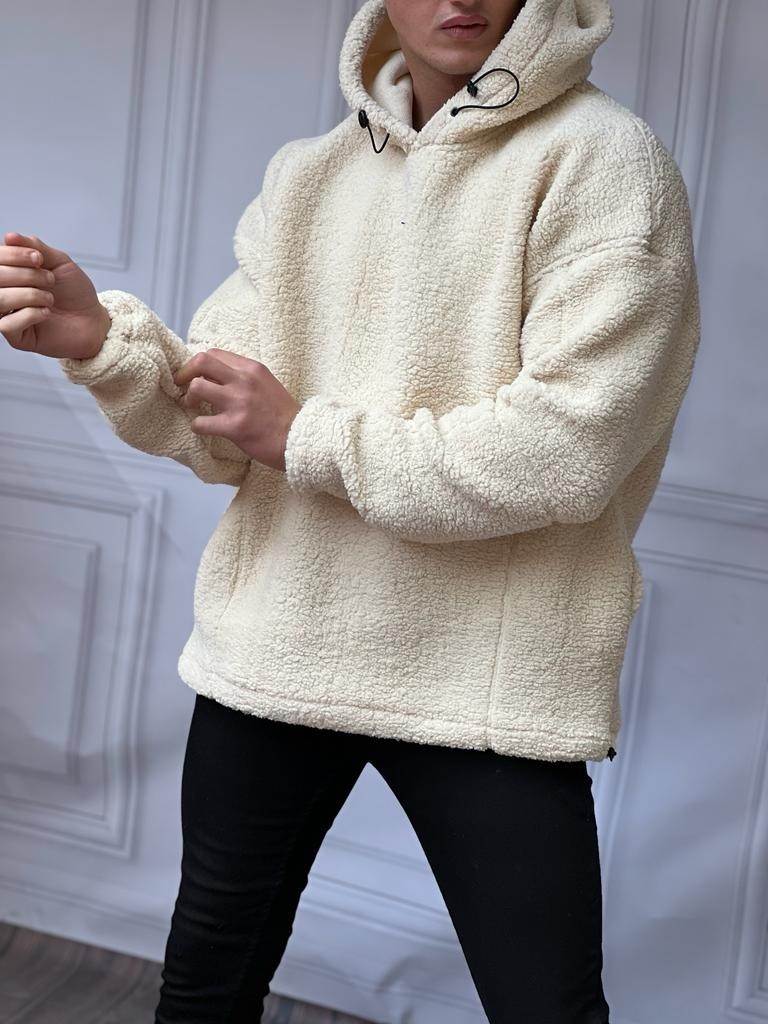 Relaxed (Rahat) Kalıp Kapüşonlu Yüksek Kalite Peluş Sweat - Krem