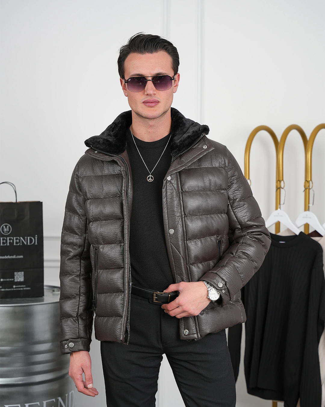 Orta Slim Fit Yaka Kürk Detaylı Yumuşak Dokulu Yatay Desen Deri Mont