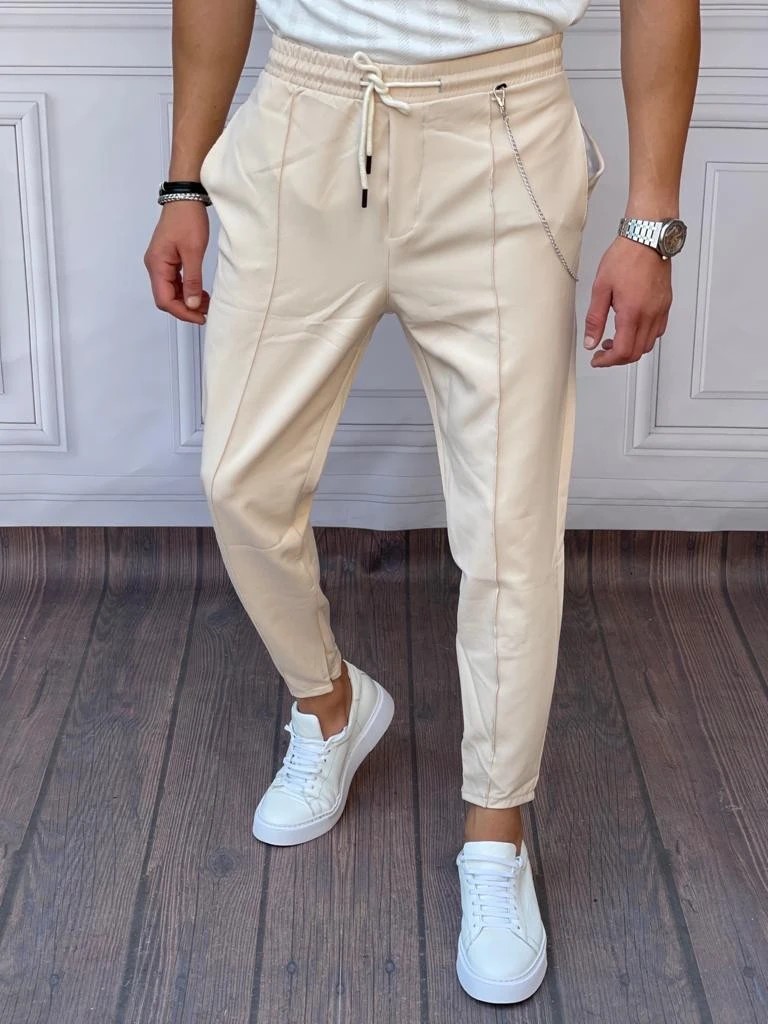 Zincir ve Paça Fermuar Detaylı Pamuklu Jogger Pantolon - Krem