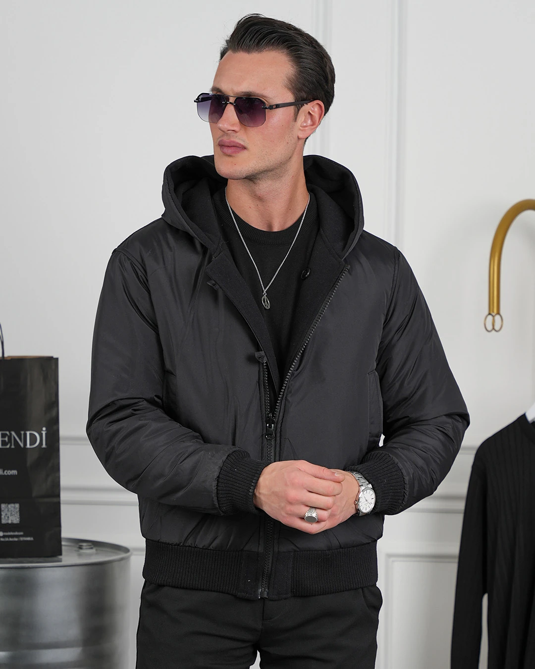 Çift Taraflı Kaşe Uzun Ribana Kapüşonlu Mont