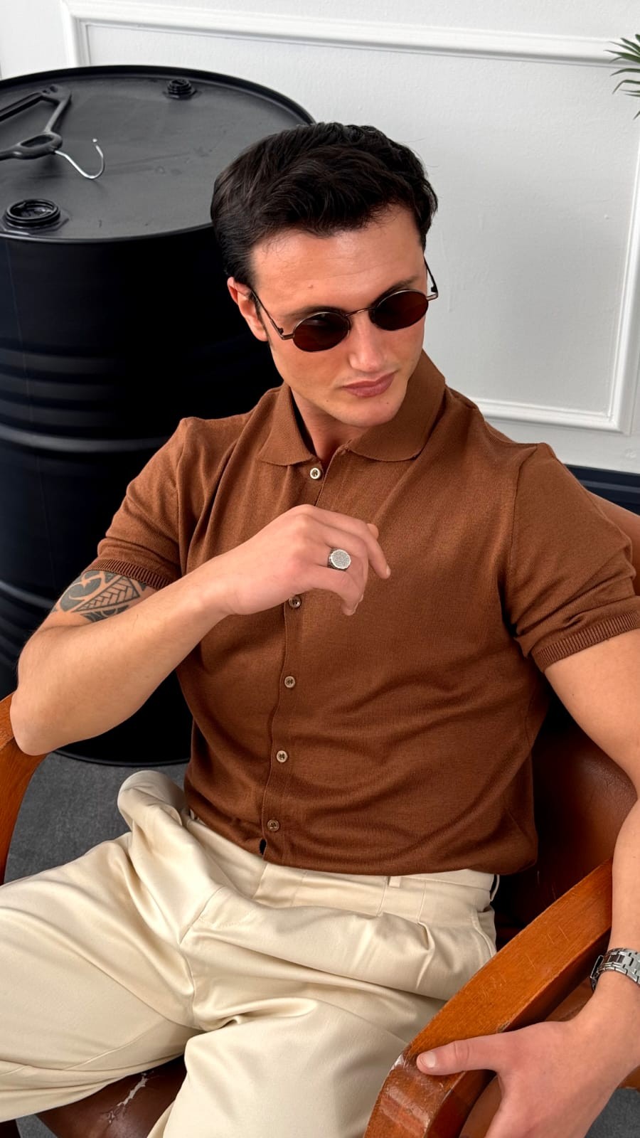 Slim Fit Polo Yaka Triko Pamuk Kısa Kollu Gömlek - Kahverengi