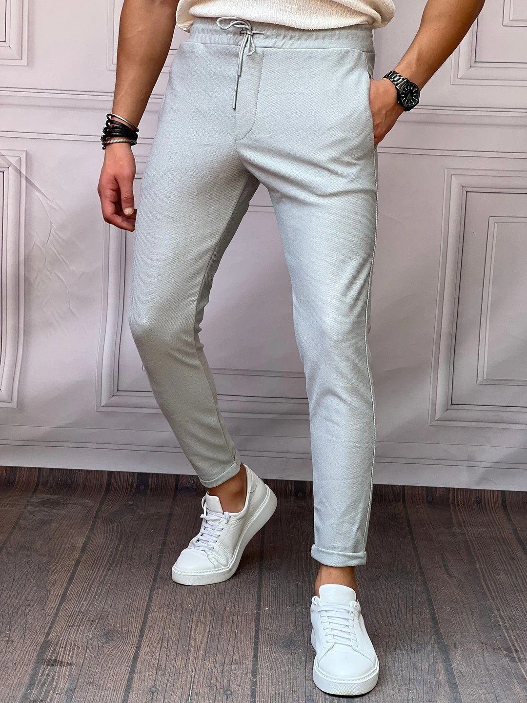 Skinny Kalıp Pamuk Likra Double Paça Jogger Pantolon - Gri