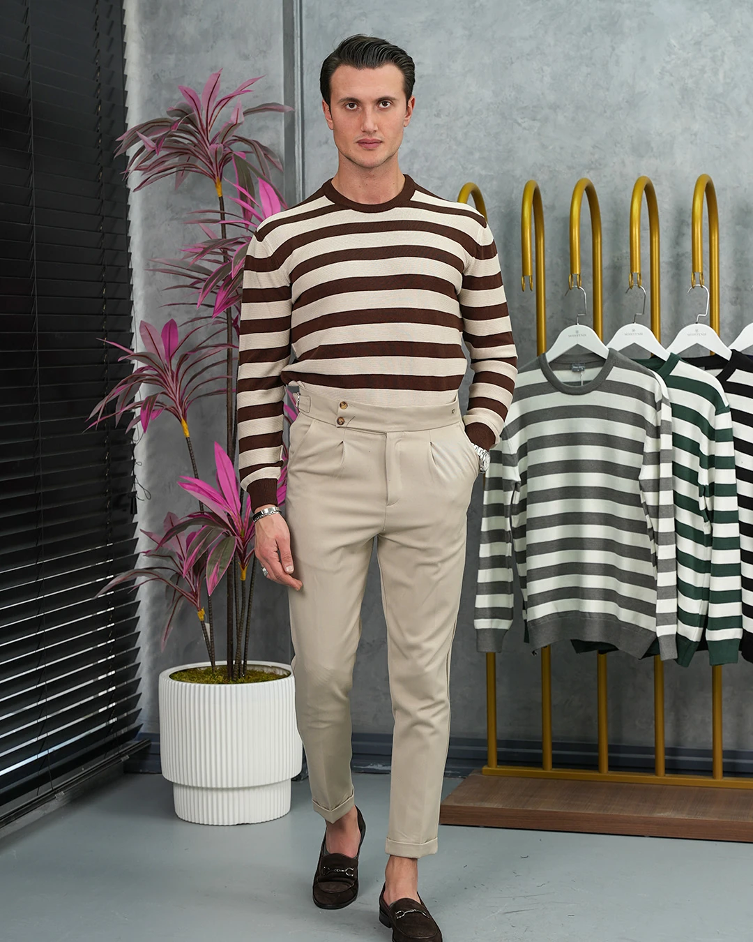 Slim Fit Kalıp Pamuk Likra Yatay Şerit Detaylı Bisiklet Yaka Triko Kazak