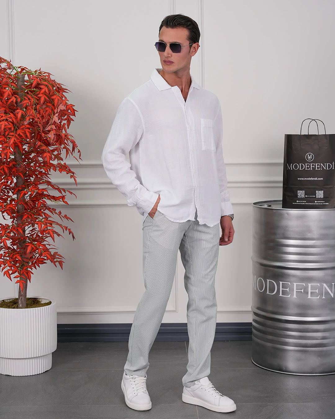 Tek Cep Detaylı Pamuk Dokulu Oversize Keten Gömlek