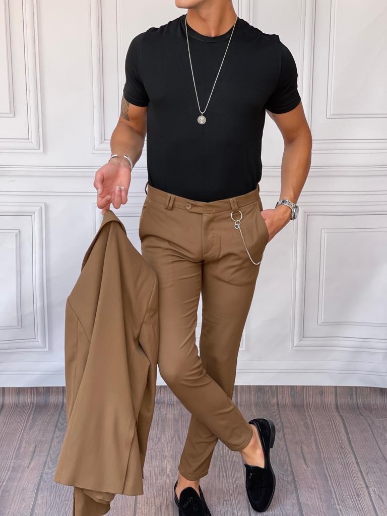 Slimfit Kalıp Pamuk Likra Ceket Pantolon Takım Elbise - Kahverengi