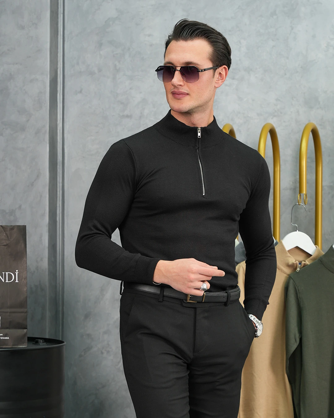 Pamuk Likra Slim Fit Yarım Fermuarlı Kazak