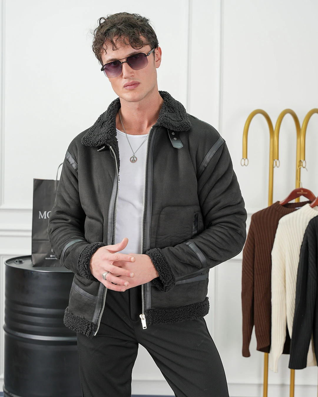 Full Kürk Detaylı Şerit Çizgili Nubuk Mont