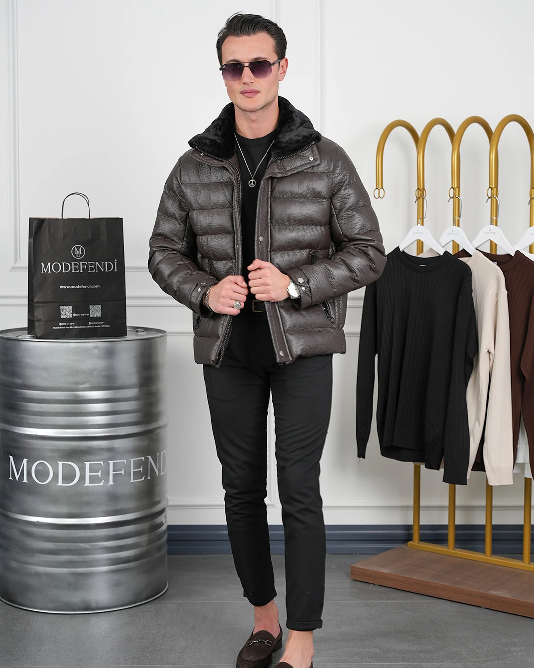 Orta Slim Fit Yaka Kürk Detaylı Yumuşak Dokulu Yatay Desen Deri Mont