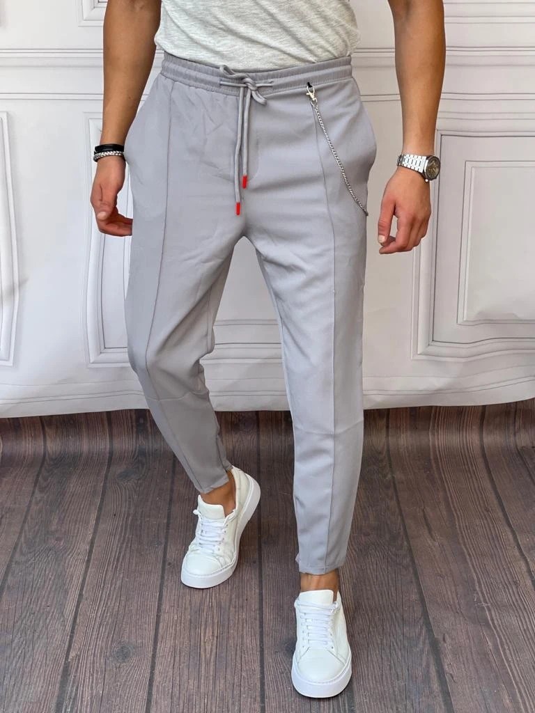 Zincir ve Paça Fermuar Detaylı Pamuklu Jogger Pantolon - Gri