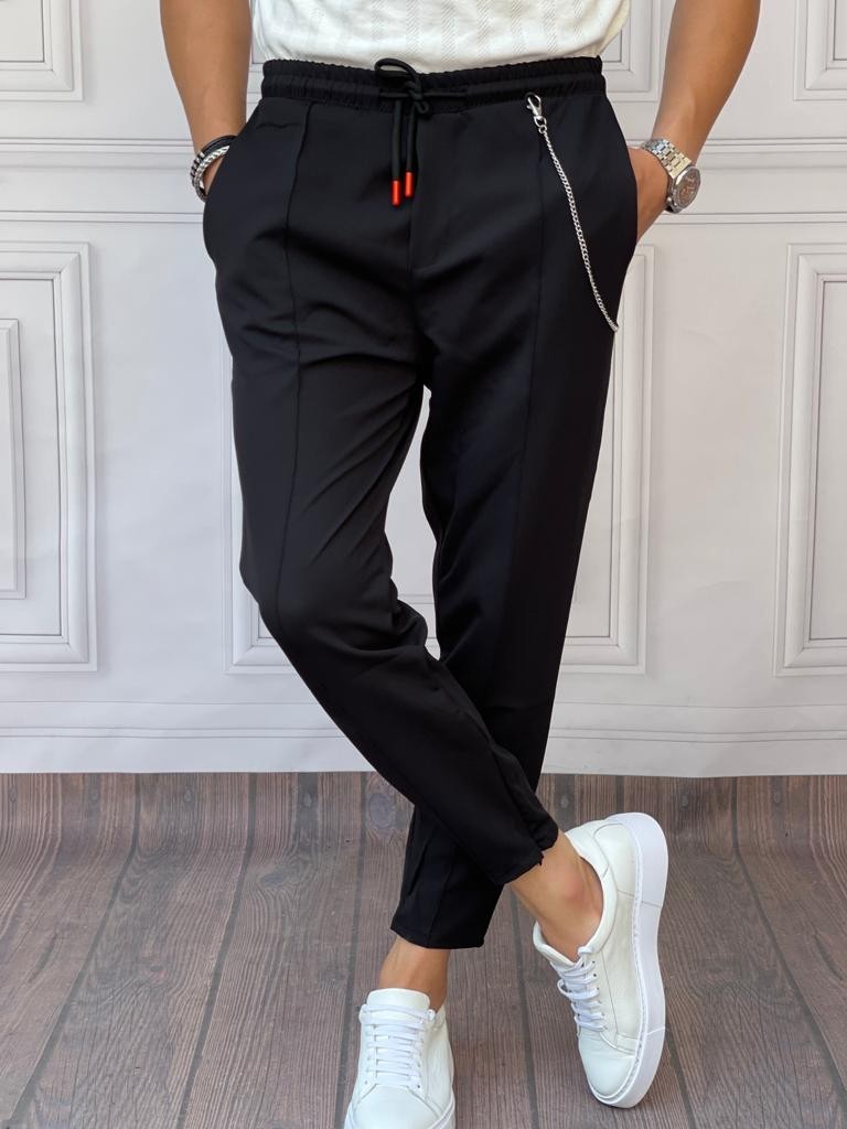 Zincir ve Paça Fermuar Detaylı Pamuklu Jogger Pantolon - Siyah