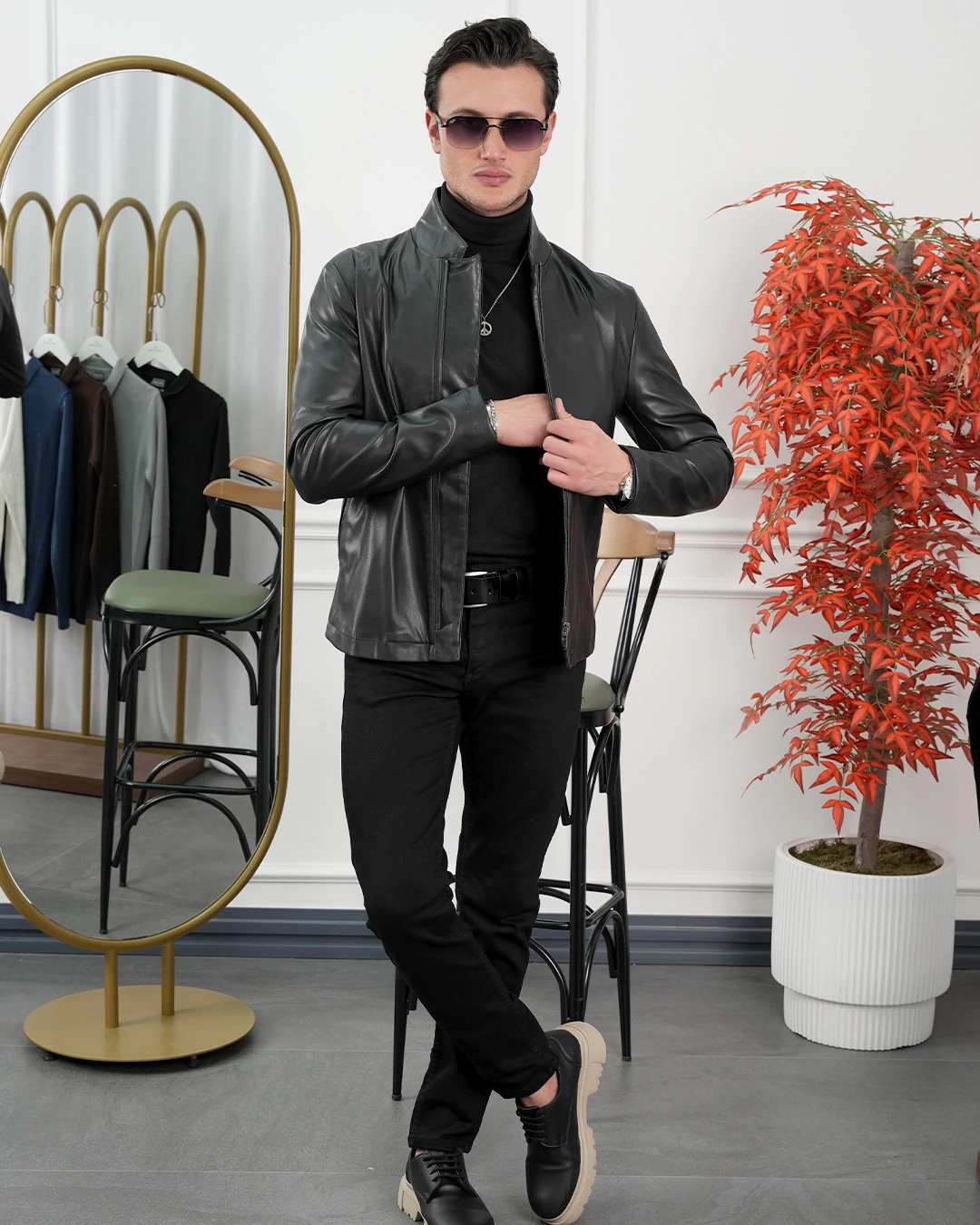 İthal Deri Hakim Yaka Yan Fermuar Yüksek Kalite Deri Mont - Siyah