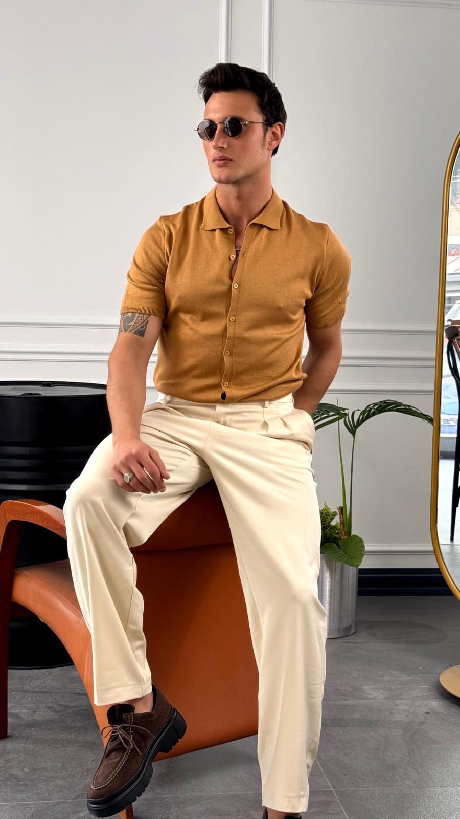 Slim Fit Polo Yaka Triko Pamuk Kısa Kollu Gömlek - Taba