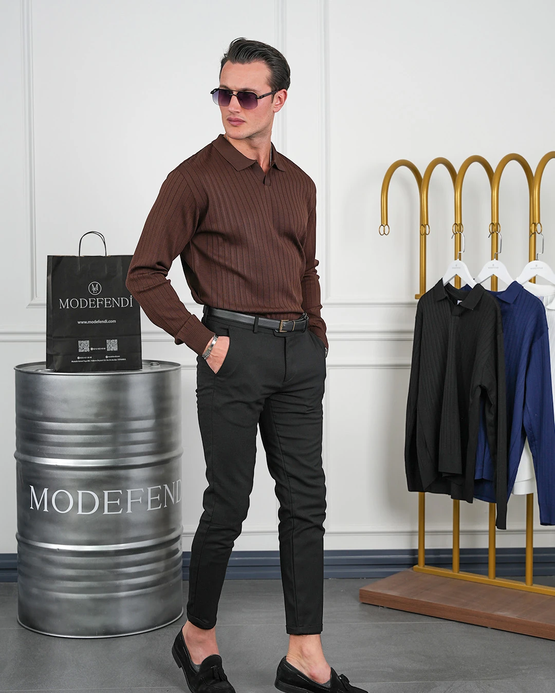 Pamuk Likra Slim Fit Kesik Yaka Dikey Çizgi Triko Kazak