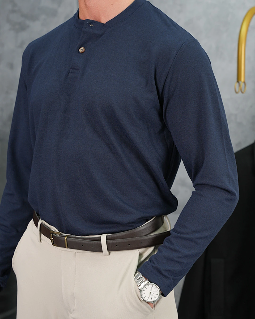 Pamuk Likra Orta Slim Fit Hakim Yaka İki Düğme Sweatshirt