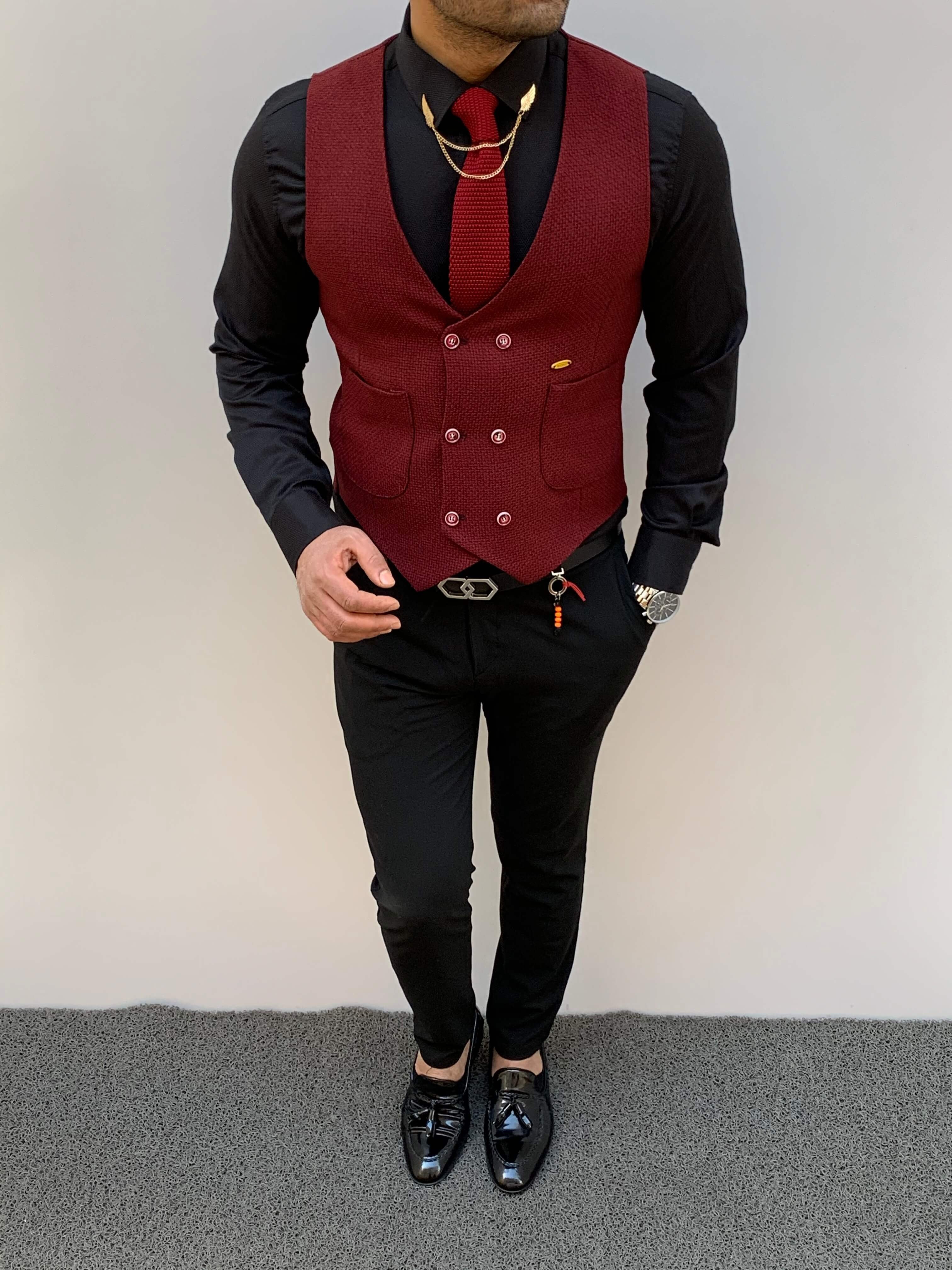 Slim Fit Petek Örme Spor Yelek - Bordo