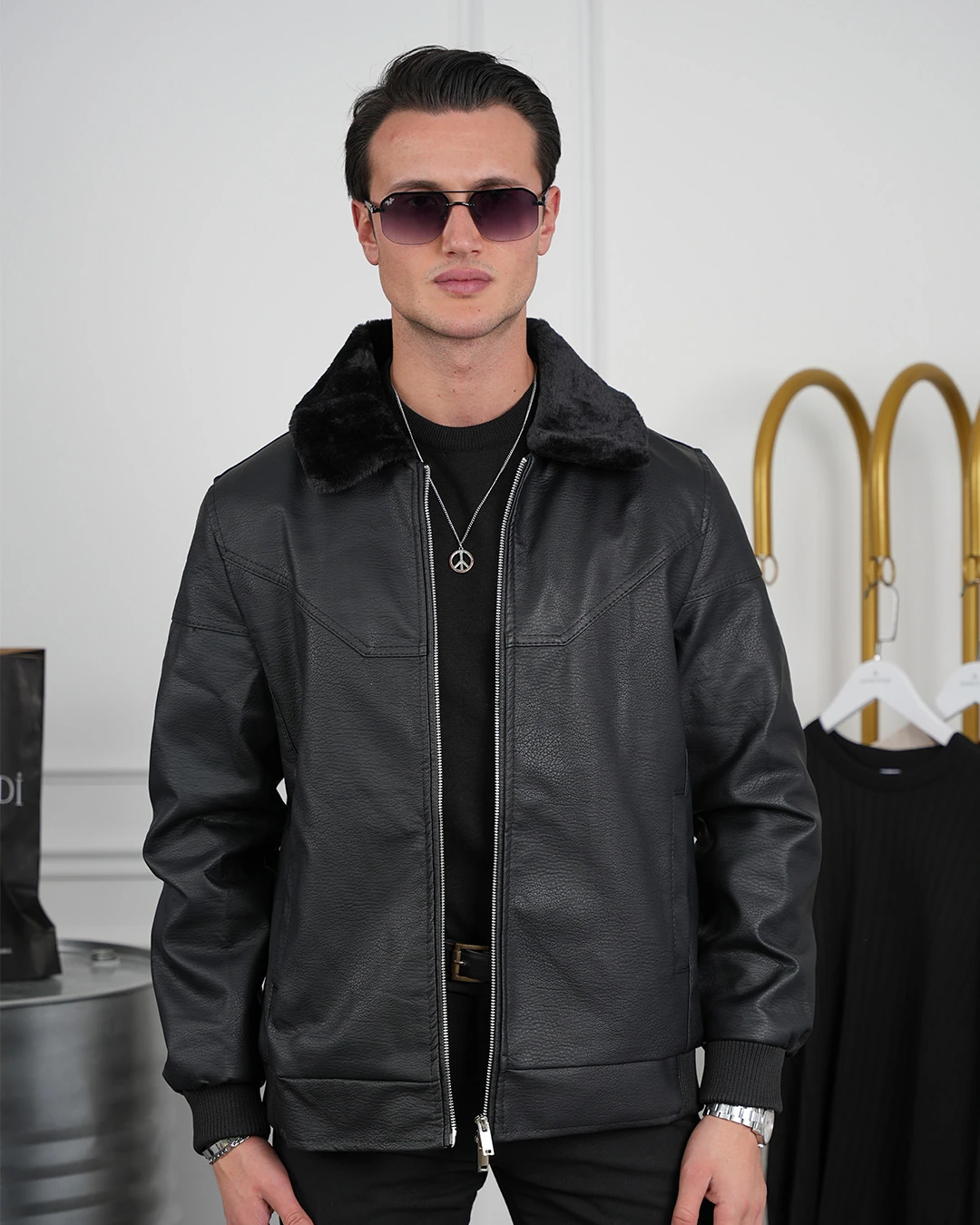 Slim Fit Yaka Kürklü Uzun Ribana İthal Deri Mont