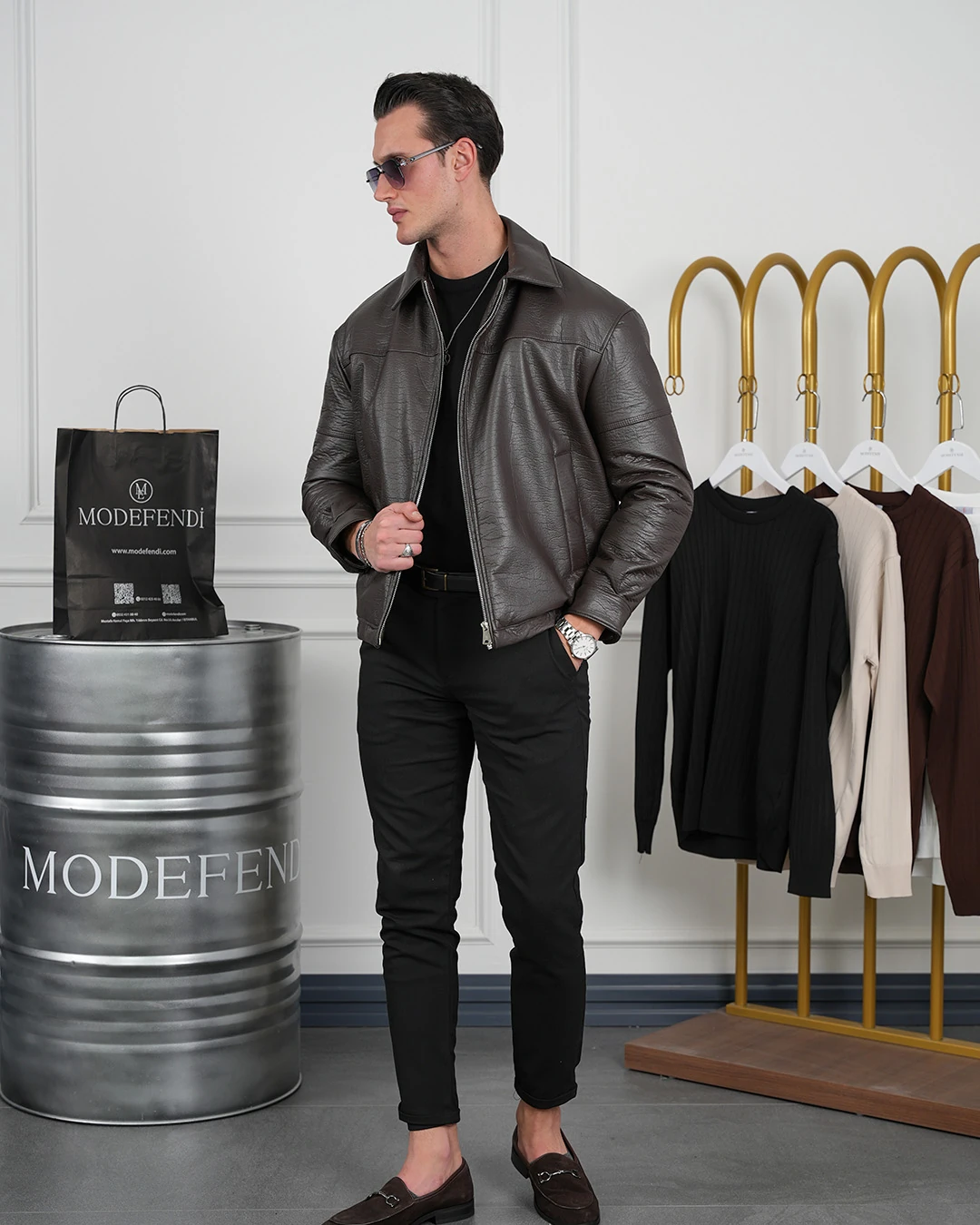 Orta Slim Fit İçi Elyaf İthal Deri Yan Cep Deri Mont