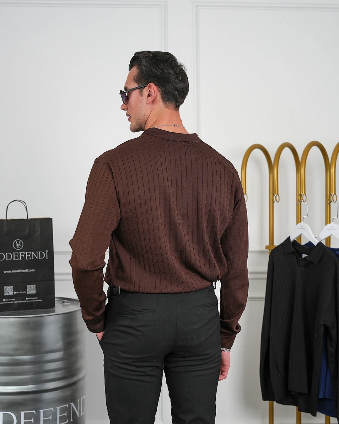 Pamuk Likra Slim Fit Kesik Yaka Dikey Çizgi Triko Kazak