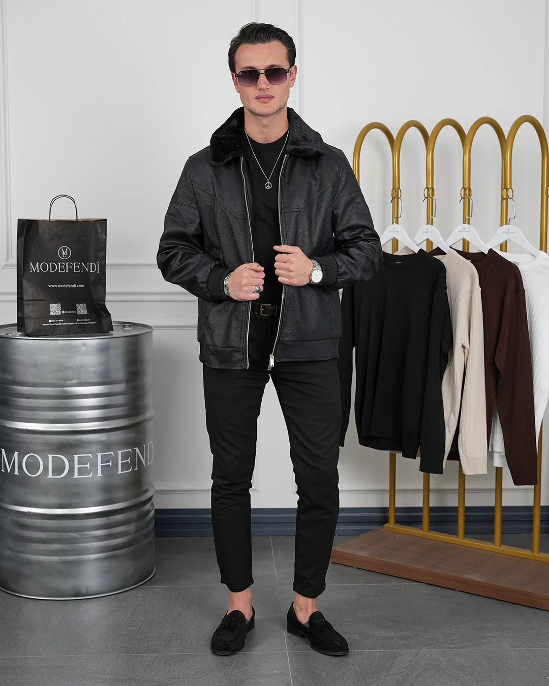 Slim Fit Yaka Kürklü Uzun Ribana İthal Deri Mont