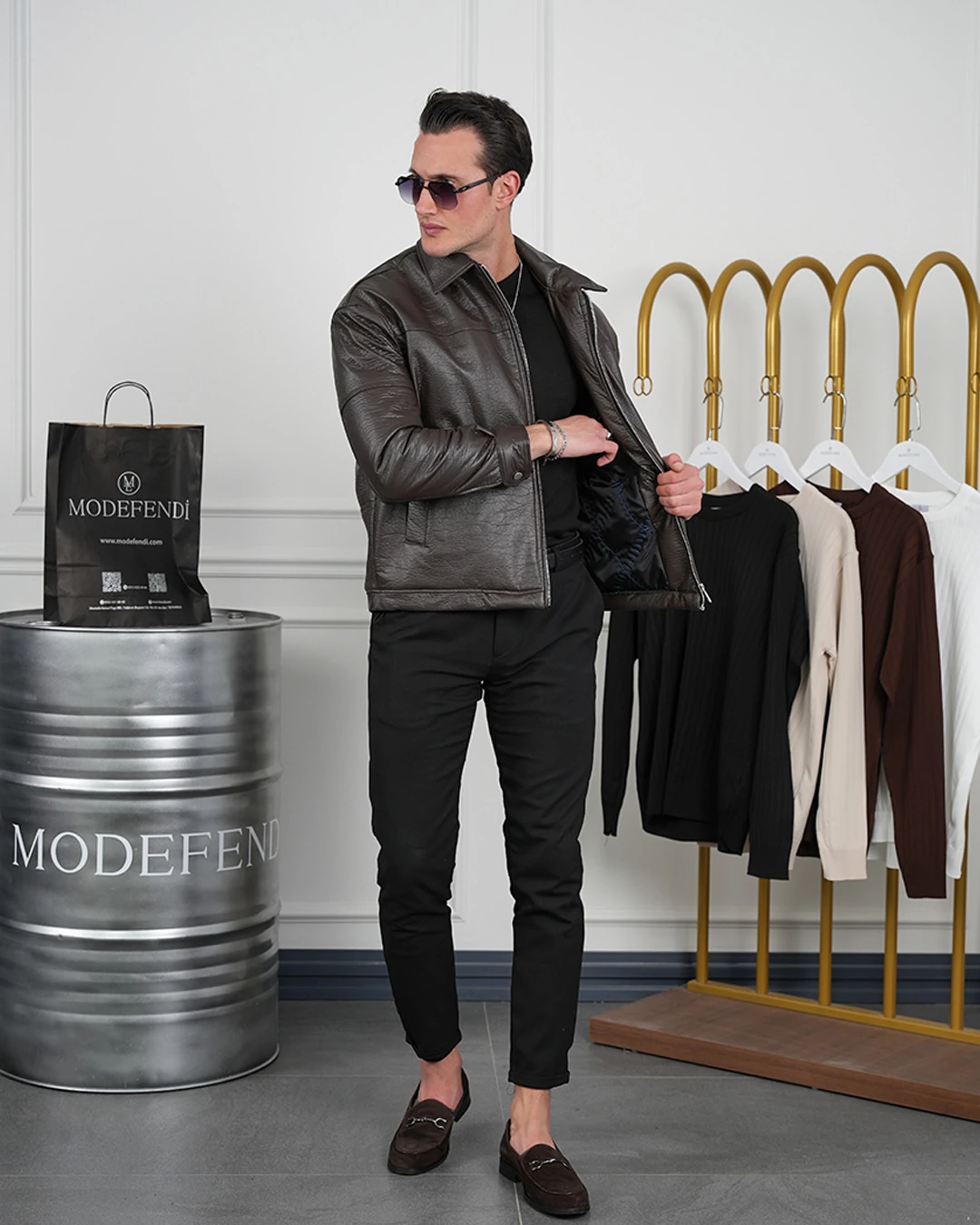 Orta Slim Fit İçi Elyaf İthal Deri Yan Cep Deri Mont