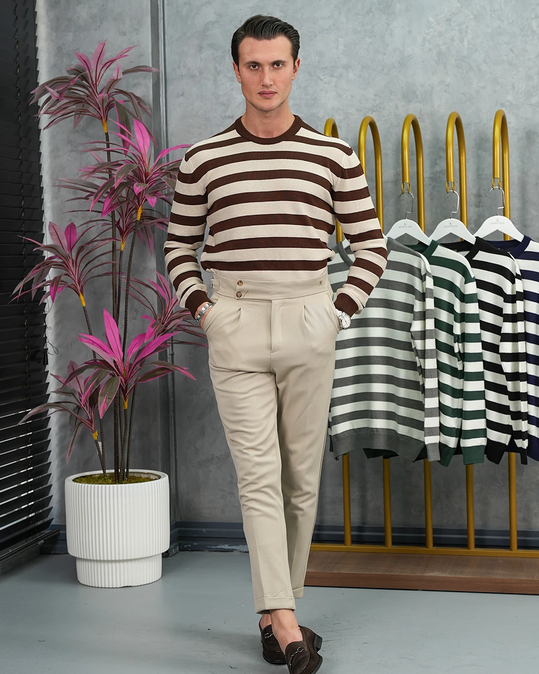 Slim Fit Kalıp Pamuk Likra Yatay Şerit Detaylı Bisiklet Yaka Triko Kazak