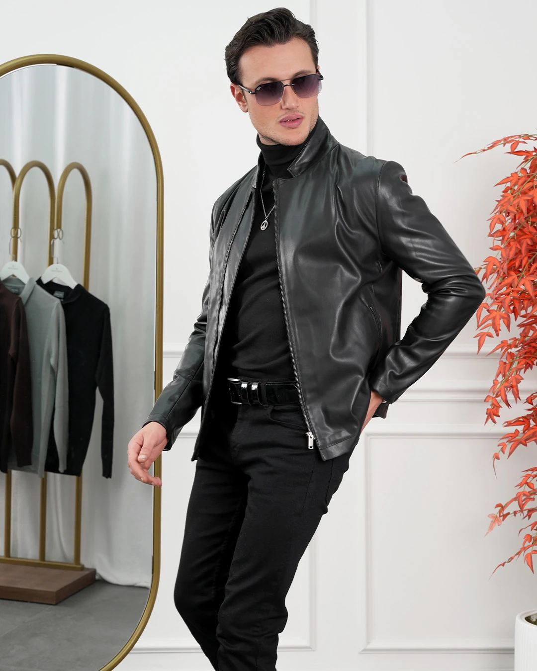 İthal Deri Hakim Yaka Yan Fermuar Yüksek Kalite Deri Mont - Siyah