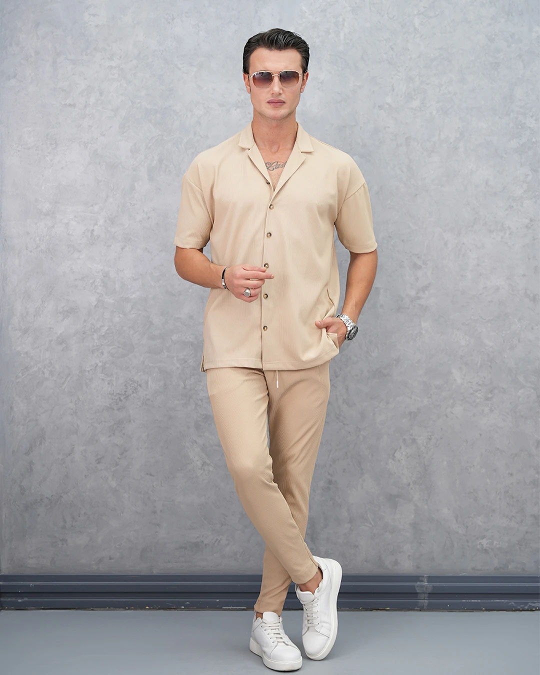 Fitil Desenli Oversize Kısa Kollu Gömlekli Takım