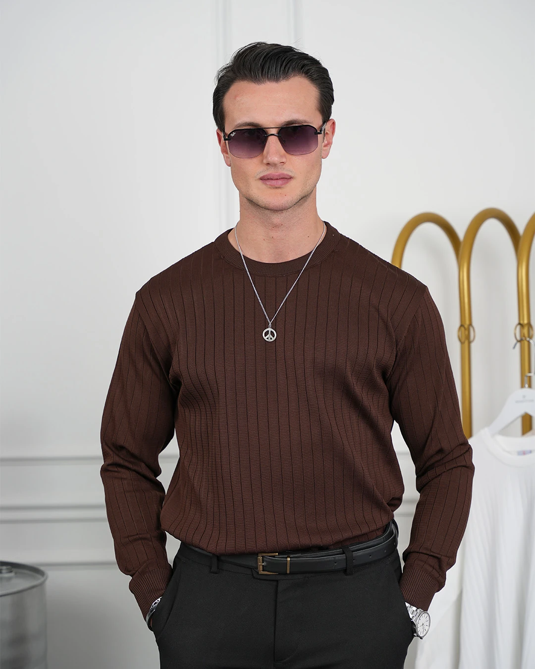 Pamuk Likra Slim Fit Bisiklet Yaka Dikey Çizgi Triko Kazak