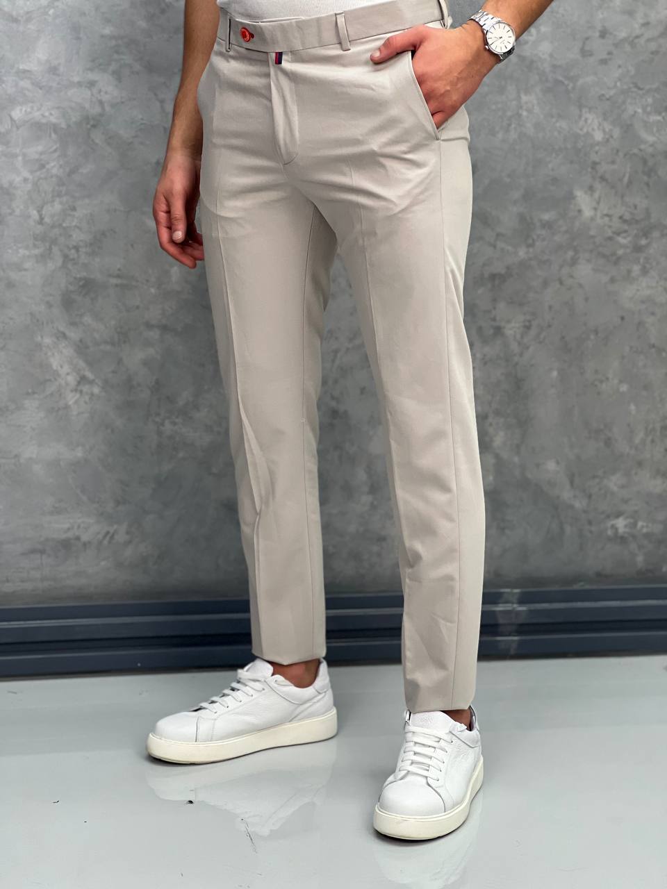 İtalyan Kesim Pamuk Likra Kumaş Pantolon - Krem