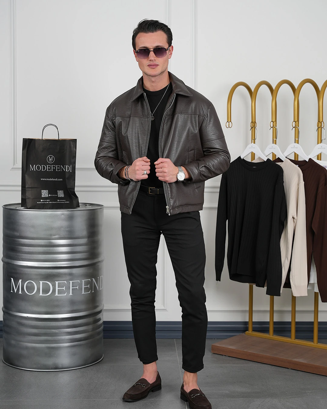 Orta Slim Fit İçi Elyaf İthal Deri Yan Cep Deri Mont