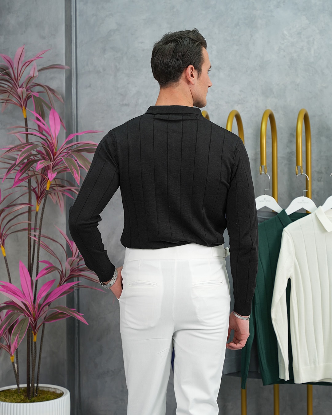 Pamuk Likra Slim Fit Geniş Dikey Desenli Fermuar Detaylı Kazak