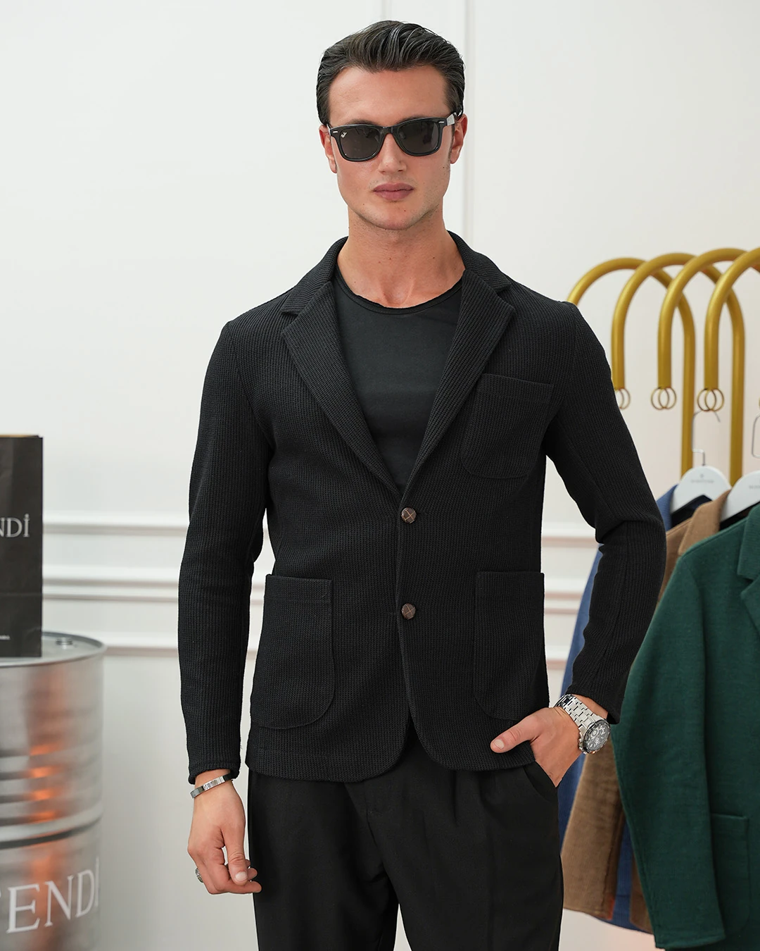 Petek Örme Torba Cep Ceket - Siyah