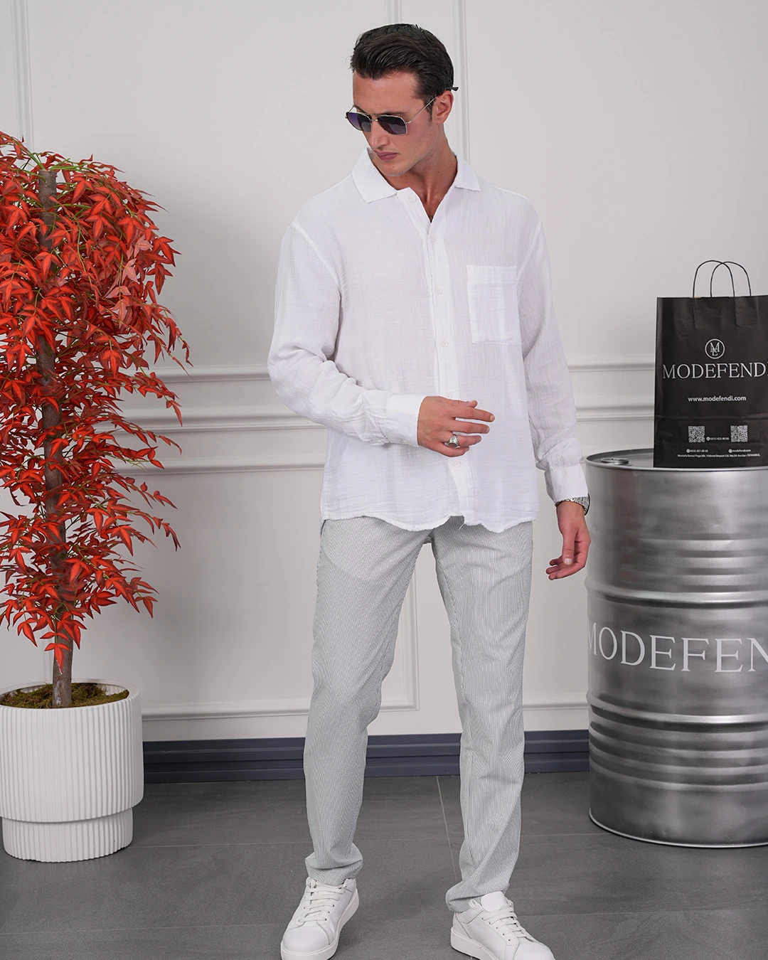 Tek Cep Detaylı Pamuk Dokulu Oversize Keten Gömlek