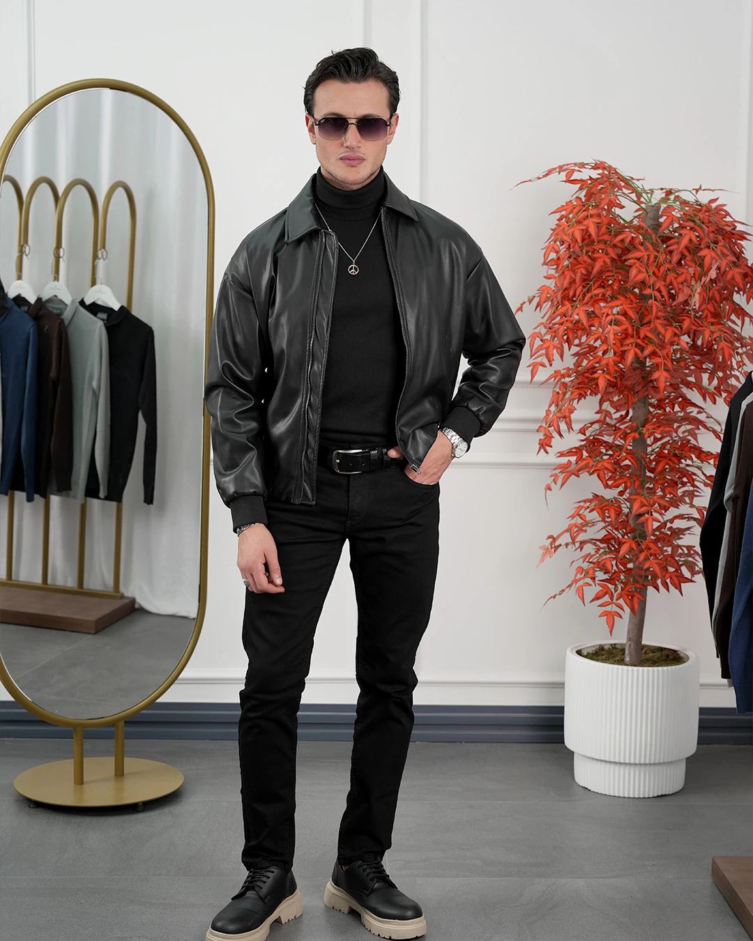 Yakası Çıkabilir Gömlek Yaka Oversize Deri Mont - Siyah