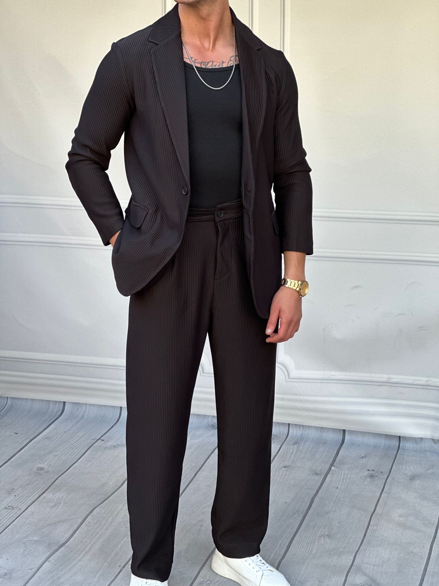 Fitil Desenli Ceket Pantolon Takım Elbise  - Siyah